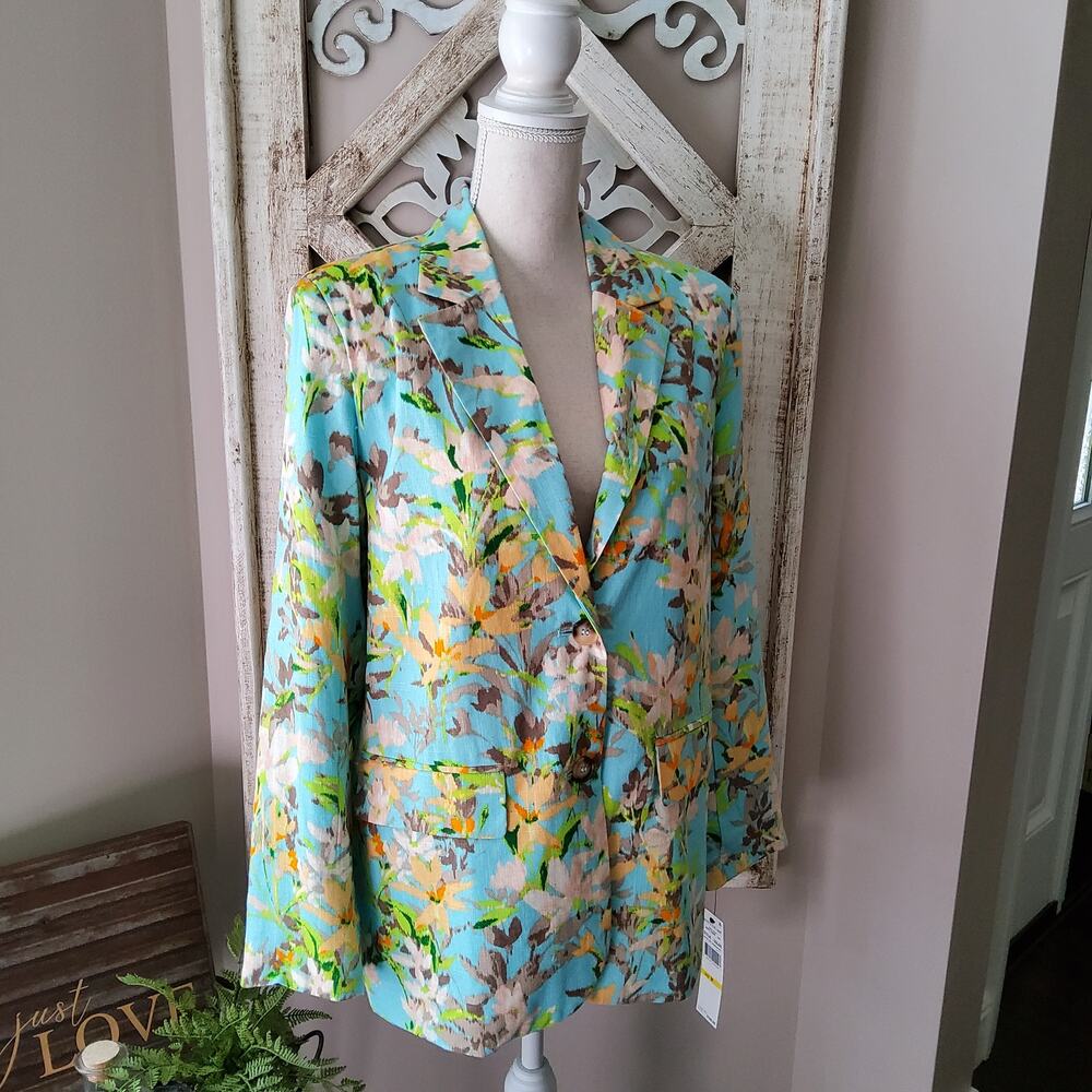 Skye's The Limit Women's Collar Button Closure Blazer Jacket in Aqua Floral